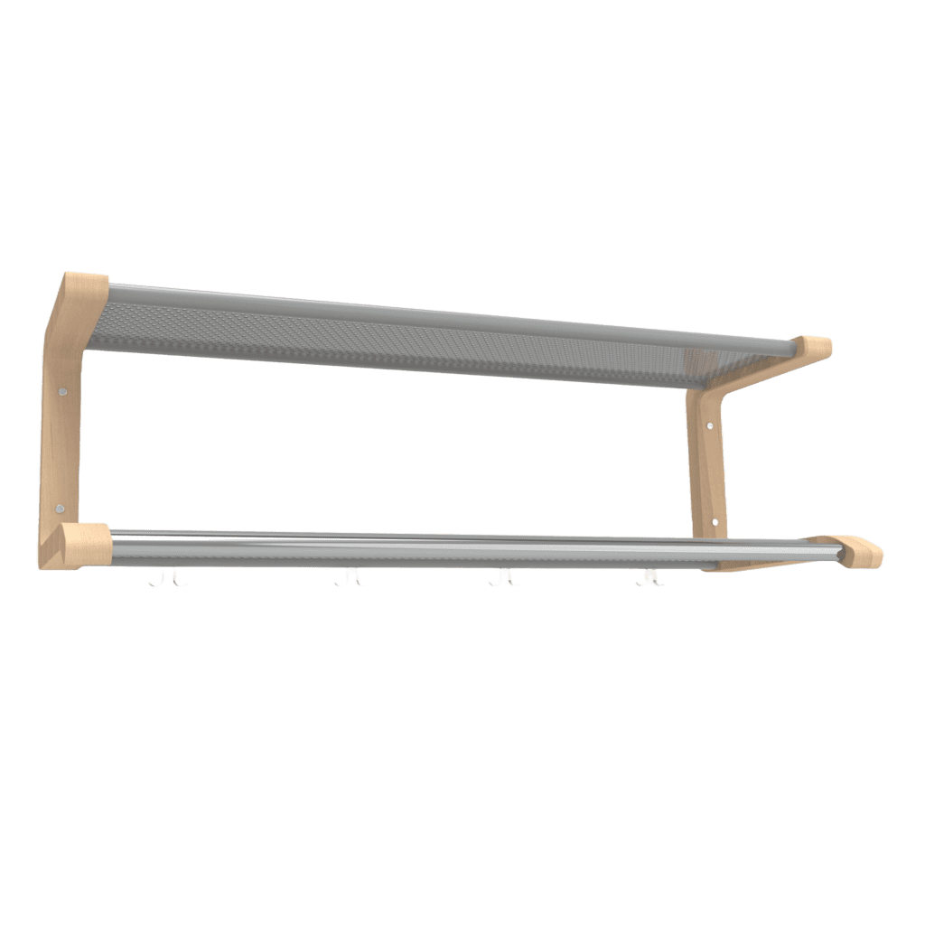 Hatthylla serie 120, 2-plan med björk konsol och med perforerad plåt i grått som hyllplan