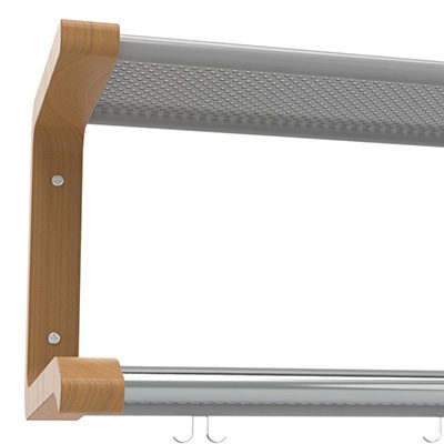 Närbild på hatthylla serie 120 2-plan med björk konsol och grå perforerad plåt