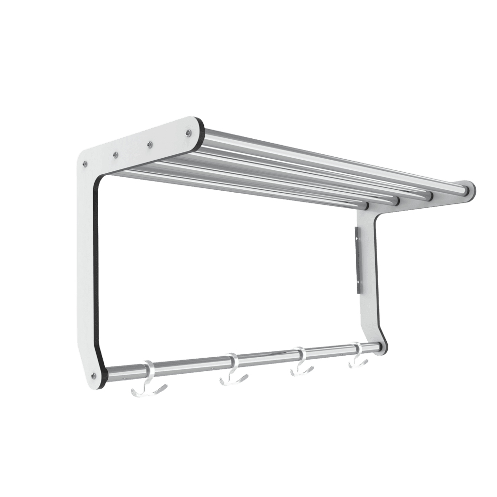 Hatthylla serie 400 även kallad Smodie. 1-plan med vit konsol och med kromade rör som hyllplan. Samt ankarkrokar.