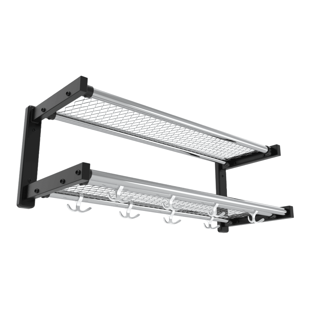 Hatthylla serie 500 två plan med svart konsol och kromat nät