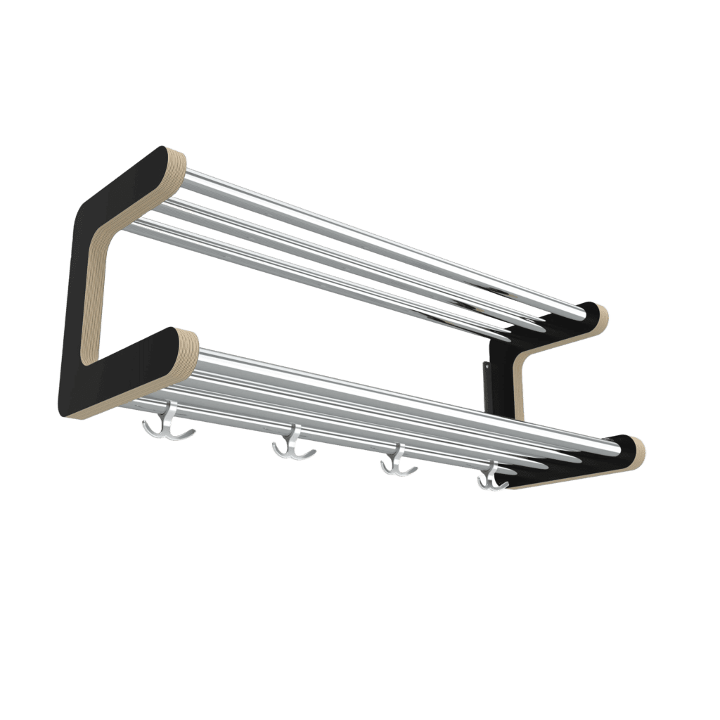 Hatthylla serie 800 med svart konsol och kromade rör