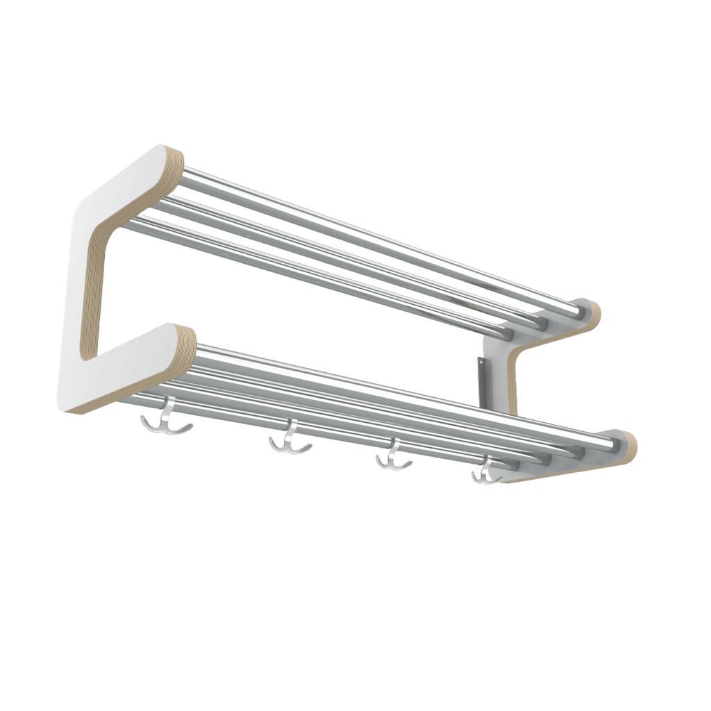 Hatthylla serie 800, 2-plan med vit konsol och med kromade rör.